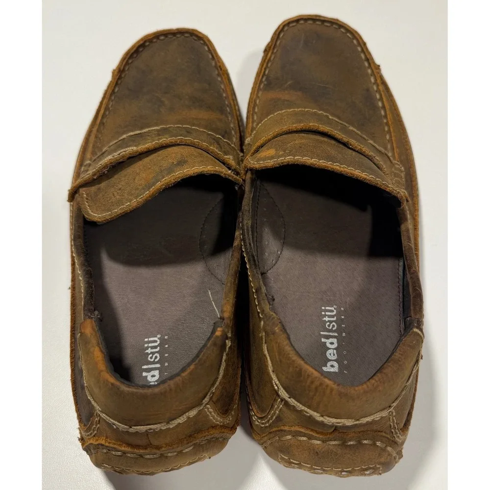 Bed Stu Mens Distressed Brown Leather Driving Loafers Penny Slip On Shoes 10.5